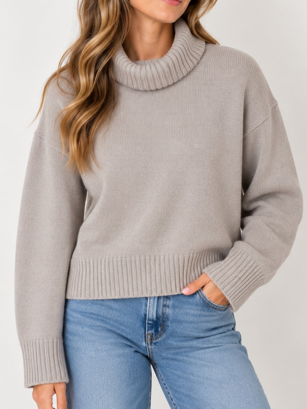 H&M Beige Turtleneck Sweater Oversized Knit Drop Shoulder Pullover. Size XS